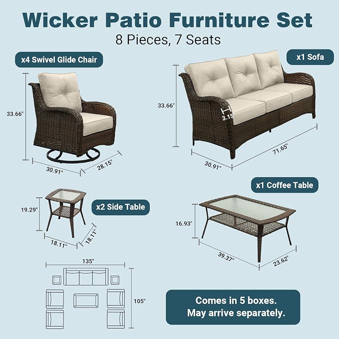 Luxury Patio Conversation Set, 8-Piece Ergonomic High Back Wicker Sofa&Swivel Chair Set with 6-Inch Deep Seating Cushions, Large Patio Furniture Set for Garden, Deck & Balcony, Beige