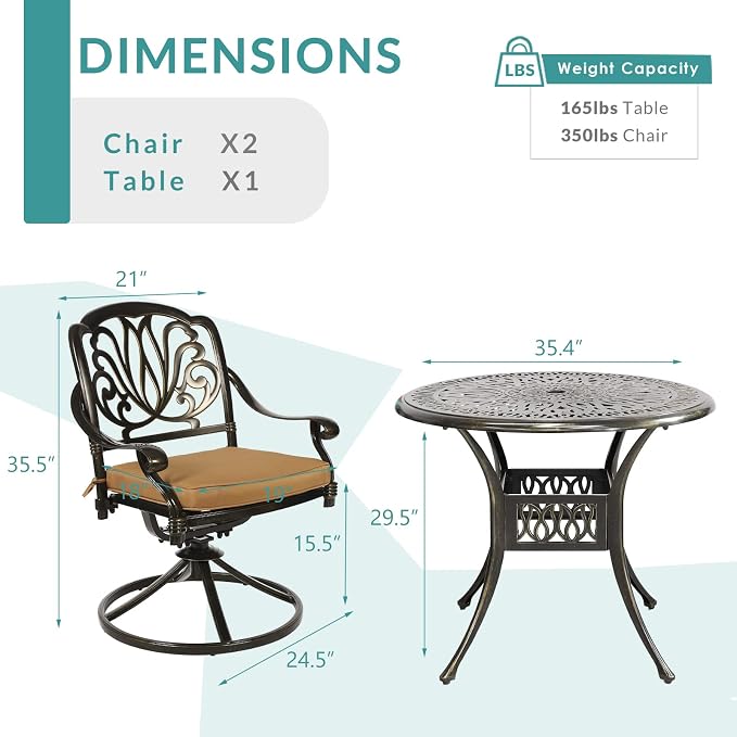 MEETWARM 3-Piece Outdoor Patio Dining Set, All-Weather Cast Aluminum Patio Conversation Set - 2 Cushions Swivel Rocker Chairs and 35.4" Round Table for Backyard Garden Deck, 2.2" Umbrella Hole