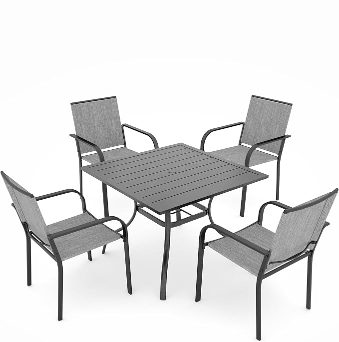 Anmutig 5 Pieces Patio Dining Set, Outdoor Furniture Set Includes 1 Square Patio Table and 4 Stackable Patio Chairs, Outdoor Table and Grey Chairs for Garden Backyard Deck