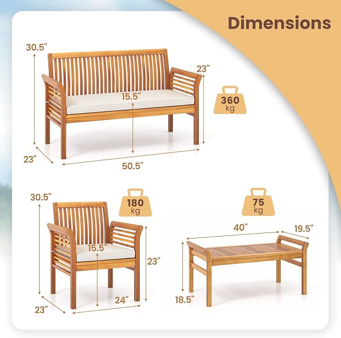 4 Piece Patio Furniture Set, Acacia Wood Sofa Set with Rectangular Coffee Table & Soft Seat Cushions, Outdoor Conversation Set for Garden, Backyard & Poolside