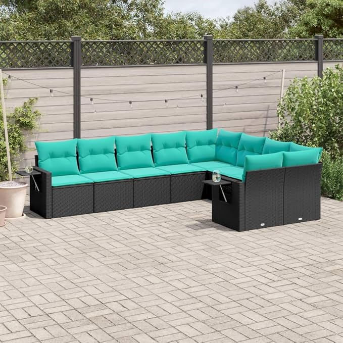 9 Piece Patio Sofa Set with Cushions, Patio Conversation Set Porch Furniture Set Outdoor Dining Sets Front Porch Furniture for Exhibition Garden Negotiation Area Poolside Black Poly Rattan