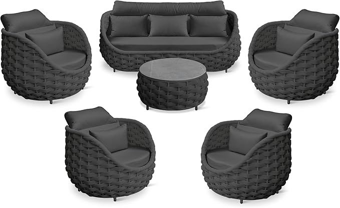 Aluminum Rope Patio Furniture Set: 6 Pieces Assembled Outdoor Conversation Sofa Set for 7 - Modern Metal Couch Set Cushioned - All Weather Porch Seating for Deck Garden Lanai Hotel, Dark Gray