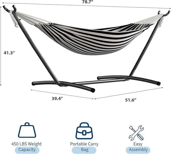 Hammock with Stand for Outside，450 lb Weight Capacity Double Hammock，Heavy Duty Steel Frame，Premium Carry Bag, Portable Hammock for Indoor, Patio, Beach - Black