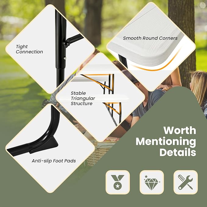Tangkula Folding Picnic Table with 2 Benches, Outdoor Metal Camping Table Set with Plastic Wood-Like Texture Tabletop & Steel Frame, Foldable Camping Table for Picnic, Party, BBQ (White)