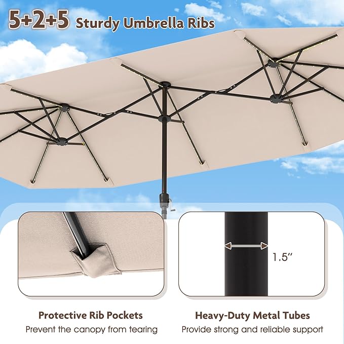 Tangkula 13 Ft Solar Patio Umbrella, Double-Sided Extra Large Outdoor Market Table Umbrella with 108 LED Lights, Crank Handle, 12 Sturdy Ribs for Poolside, Garden & Backyard (Beige)