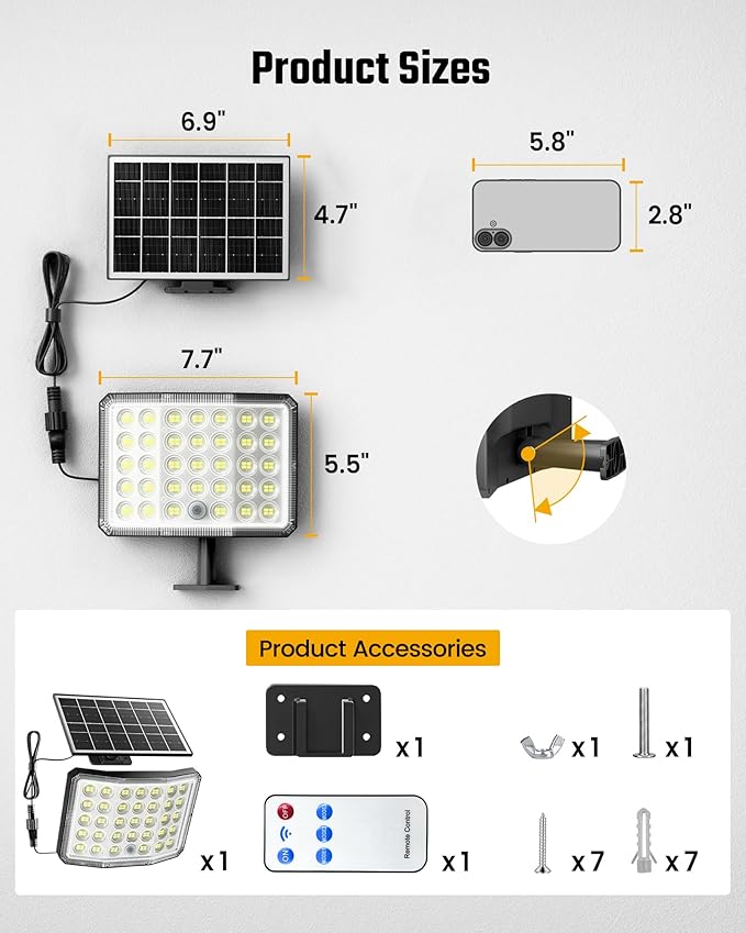 Solar Lights Outdoor Bright Solar Dusk to Dawn Light with 3000mAh Battery, IP65 Waterproof Remote Control Outdoor Light, 3 Working Modes for Garage, Porch, Patio, Shed, 1-Pack