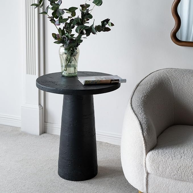 Faux Stone Side Table Round End Table Patio Small Drink Table for Small Spaces, Modern Circle Pedestal End Tables Nightstand for Living Room Bedroom Corners Office (Black)