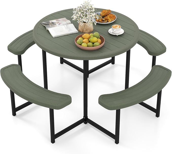 Tangkula 8 Person Picnic Table, HDPE Outdoor Round Table and Bench Set with 4 Built-in Benches, Umbrella Hole, Metal Frame for Garden Yard Patio Lawn