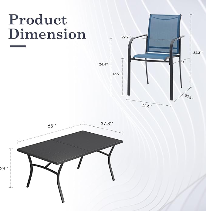 Patio Table and Chairs Set for 6, Outdoor Dining Set with 6 Stackable Dining Chairs and 63.1" x 28" Rectangle Patio Metal Table for Backyard, Deck, Lawn, Garden, Dark Blue & Black