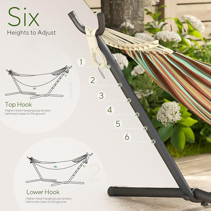 600lbs Hammock with Stand for Outside, 2 Person Portable Hammock with Side Storage, Carrying Bag, Expend Wooden Bar for Outdoor or Indoor (Dark Rainbow)
