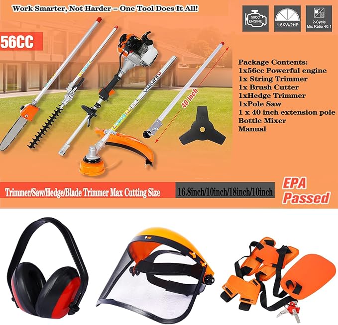 56cc 2-Cycle Gas Multi-Trimmer | 5-in-1 String Trimmer w/Rotatable 40” Pole Saw, Weed Eater Weed Wacker, Brush Cutter & Hedge Trimmer Gas for Lawn, Yard, Garden Care, All-in-one Garden Tool