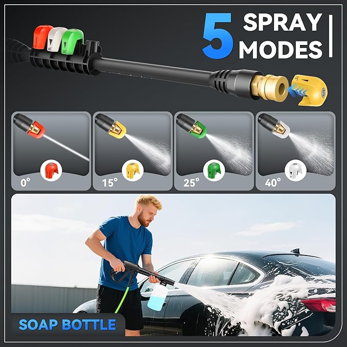 Electric Pressure Washer 5000PSI, Heavy Duty Power Washer Electric Powered, with 4 Nozzles,Foam Cannon,33FT Hose and 500ml Soap Bottle,Car Wash Machine/Car/Driveway/Patio Clean,Green