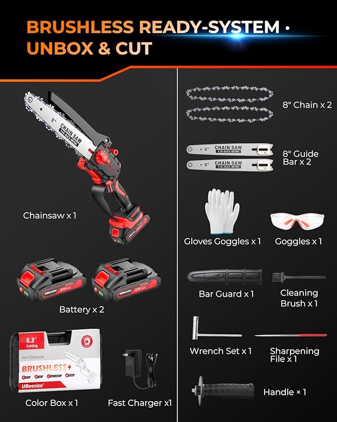 UBeesize Mini Chainsaw Cordless 8inch | Longer Runtime | Brushless Motor | Ergonomic Handle Design | Easy to Install | Professional Battery Chainsaw Perfect for Tree Trimming,Wood Cutting, Garden Work