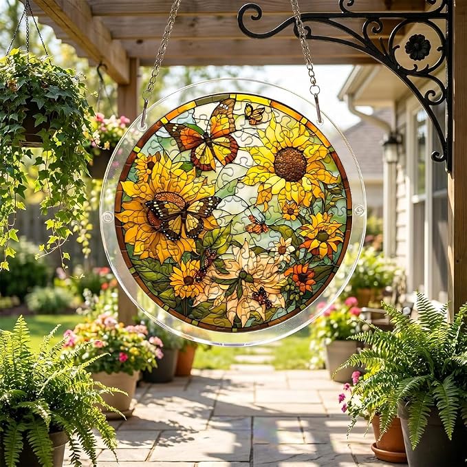 Acrylic Puzzle Suncatcher, Sunflower and Butterfly Stained Glass Window Hanging, Sun Catcher Puzzle Kit Home Decor, Creative Mothers Day and Birthdays Gifts for Mom, Wife, Sisters, 7.87 inch