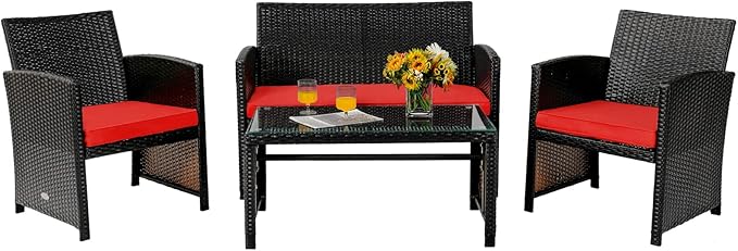 COSTWAY 4 Piece Patio Furniture Set, Outdoor PE Rattan Wicker Sectional Sofa with Cushion and Coffee Table, Patio Conversation Sets for Balcony Lawn Porch Patio Backyard Garden Poolside, Red