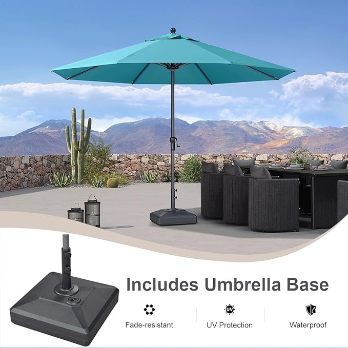 PURPLE LEAF 11' Round Patio Market Umbrella with Base Outdoor Table Umbrellas Aluminum Frame Sun Shade with 8 Sturdy Ribs for Garden Deck Lawn Pool Turquoise Blue
