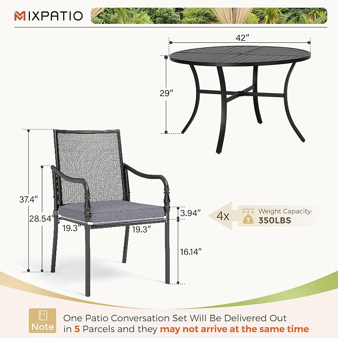 MIXPATIO 5 Piece Patio Metal Dining Set, Outdoor Table and Chairs for 4, Powder-Coating Steel Chairs with 4" Thickened Cushions, 42" Round Table with 1.57" Umbrella Hole for Deck, Backyard