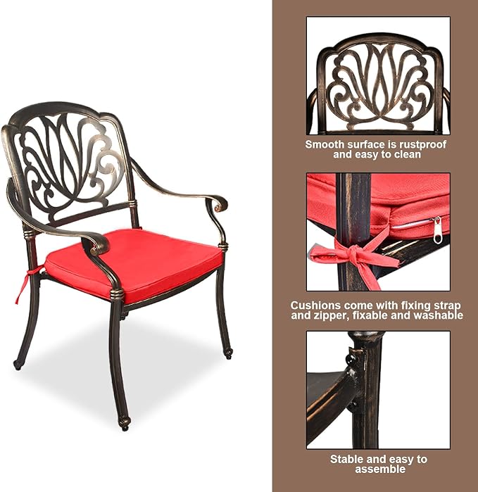 TITIMO 5-Piece Outdoor Patio Dining Set, Cast Aluminum Patio Furniture Set | 4 Pattern Chairs with Red Cushions and 35.4" Square Table, Cast Aluminum Conversation Set for Yard, Garden, Porch, Poolside