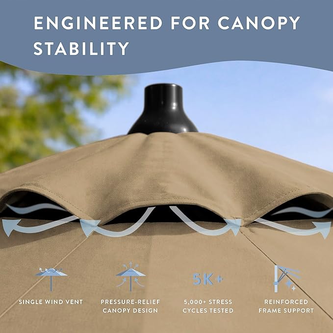 California Umbrella 8-Year Protection 9 Ft Outdoor Patio Umbrella, Solstice Fade-Resistant Fabric, Auto-Tilt, Heavy Duty Aluminum Frame, 8 Reinforced Ribs for Pool or Deck, Black Pole, Champagne