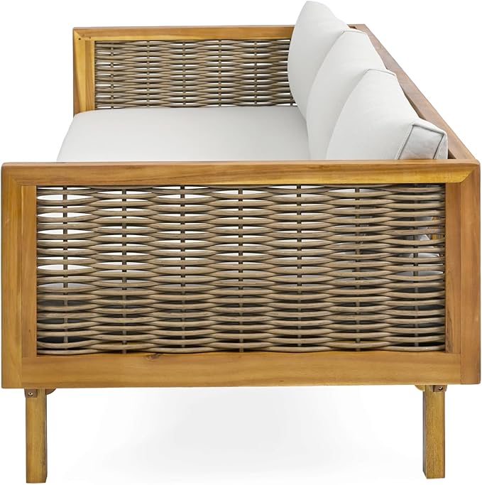 Christopher Knight Home Charm Patio Conversation Set, 3 Seater Acacia Wood Sofa, Spacious Seating Wicker Armrest Chair, Wood Coffee Table, Round Side Table, Outdoor Furniture for Garden, Light Gray