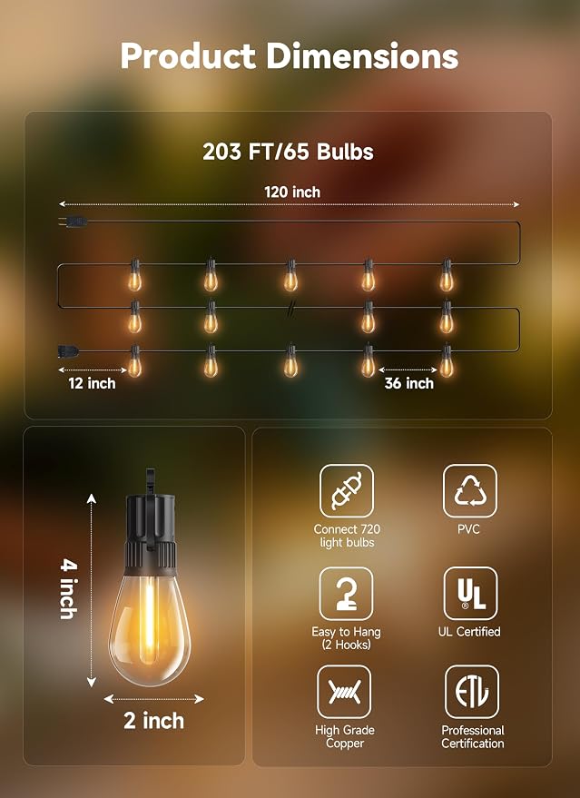 Minetom 203FT Outdoor String LED Patio Lights Waterproof,Shatterproof S14 Vintage Edison Bulbs,Commercial Grade Outside Hanging Lights Waterproof for Porch Deck Garden Backyard Balcony Cafe Bistro