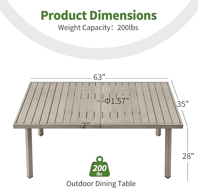 63"x35" Never-Rust Aluminum Outdoor Dining Table – Rectangular Patio Table for 6 with Umbrella Hole, Heavy Duty All-Weather for Poolside, Garden, Backyard, Porch, Deck, Gray Oak