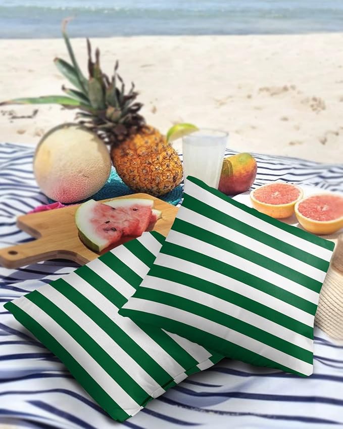Outdoor Waterproof Pillow Covers for Patio Furniture Merry Christmas Decorative Throw Pillow Cover Green And White Stripes Pillowcases Set of 2 Cushion Case for Sofa Couch Chair Home Decor 26 x 26 In