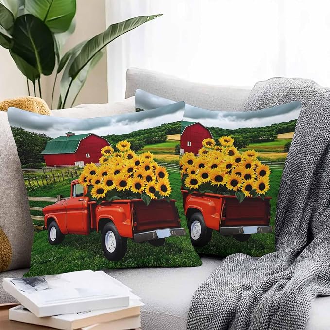 Waterproof Pillow Covers Set of 2 24x24 Inch Farmhouse Sunflower Outdoor Cushion Covers Farm Red Truck Decorative Pillow Cases for Patio, Sofa, Couch, Garden, Balcony