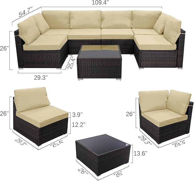 7 Pieces Outdoor Patio Furniture Sets,Rattan Conversation Sectional Set,Manual Weaving Wicker Patio Sofa with Tea Table