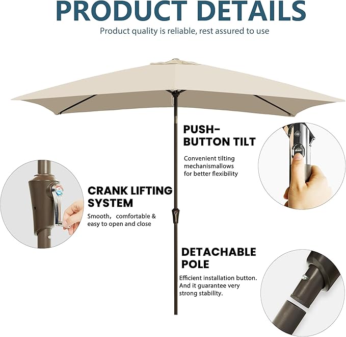 6.5x10FT Rectangular Patio Umbrella with Push Button Tilt & Crank Lift for Garden,UV Protection Outdoor Umbrella for Deck,Pool and Yard,Beige