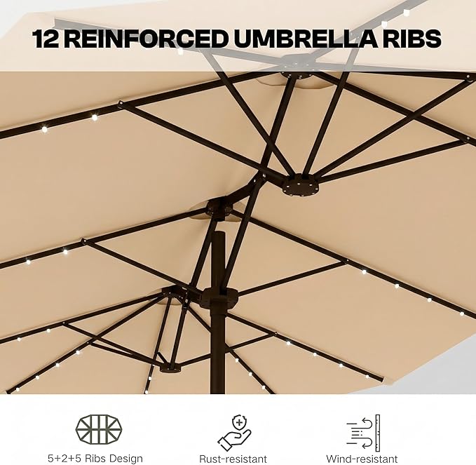 15ft Large Patio Umbrella with Solar Lights and Base, Double-Sided Outdoor Rectangle Umbrella with 48 LED Lights, Market Table Umbrellas with UV Resistant Canopy