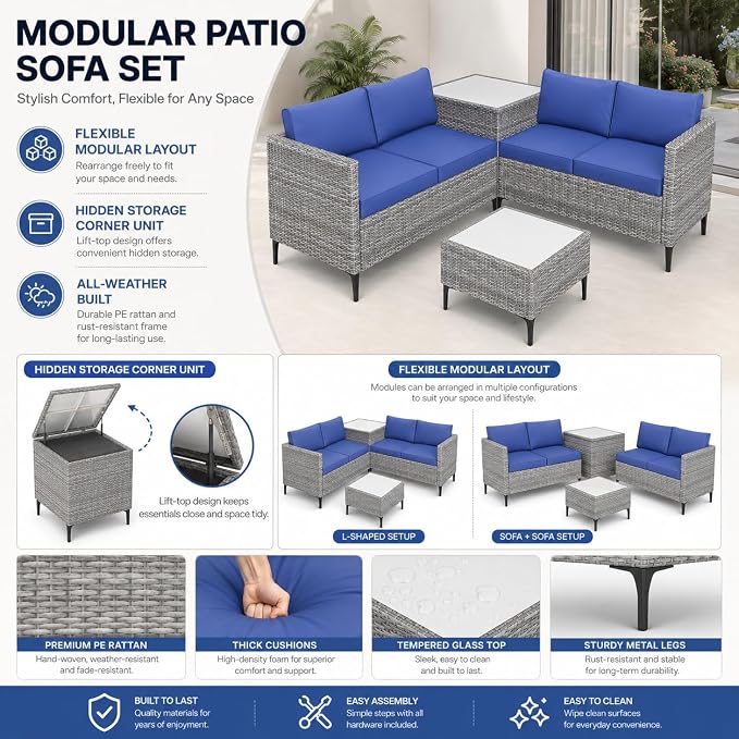 Garvee All-Weather PE Rattan Patio Furniture Set, 4 Piece Outdoor Sectional Sofa Couch with Storage Coffee Table, l-Shaped Conversation Set for Garden, Backyard, Poolside, Porch, Gray Blue