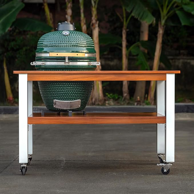 African Teak Grill Table for Large Big Green Egg, Outdoor Wood Table with Aluminum Legs and 3-Inch Locking Casters,Low Maintenance & Easy Assembly Tables for Garden | Natural