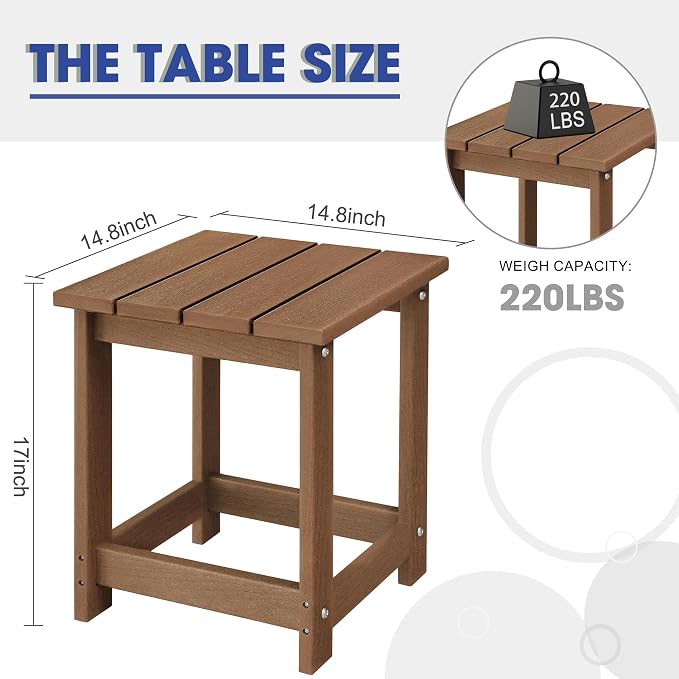 LZRS Patio End Table, Heavy Duty HDPE Outdoor Coffee Table with Wood Texture, Weatherproof Composite Table for Adirondack Chairs, Deck, Pool, Indoor/Outdoor, No Peeling or Cracking(Brown)