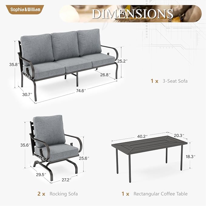Sophia & William Patio Conversation Set for 5, 3-Seater Sofa, 2 Rocking Chairs and a Coffee Table, Metal Outdoor Furniture with 5.75" Extra Thick Cushions, Grey