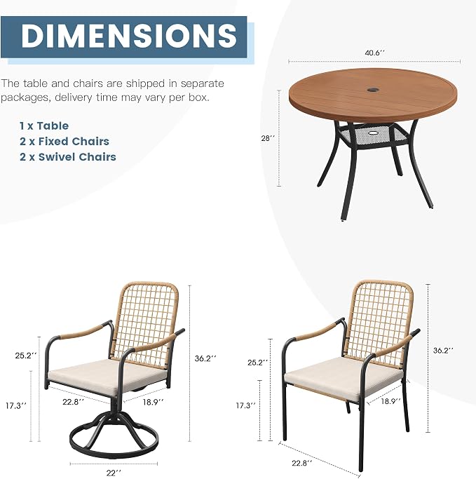 DIFY 5 Pieces Outdoor Dining Set for 4, Patio Furniture Set of 4 Wicker Patio Chairs with Soft Cushions and 40.6" Walnut Round Metal Table with Umbrella Hole, for Backyard Garden Deck, Wheat Rattan