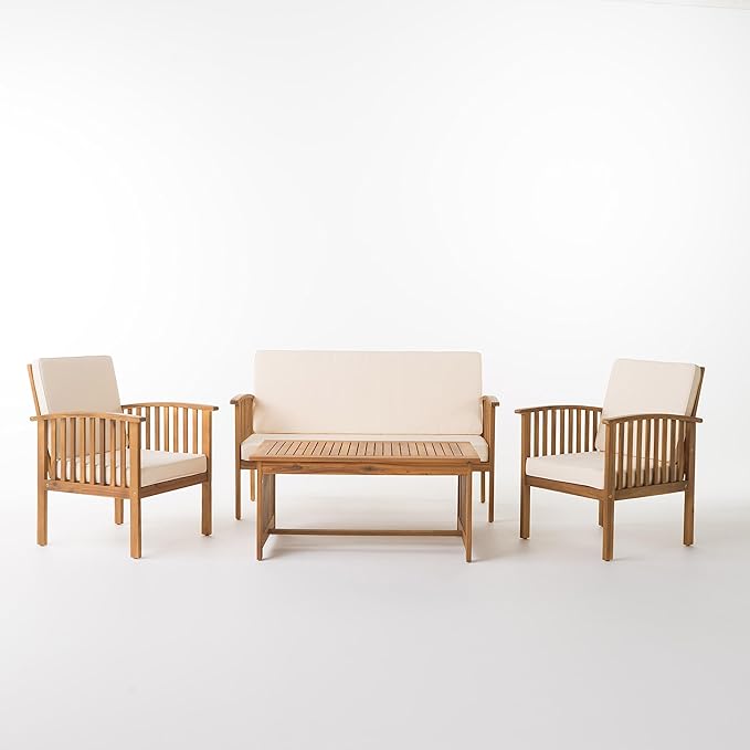 Merax Patio Furniture Set, 4 Pieces Outdoor Acacia Wood Conversation Sets with Coffee Table & Cushions, Garden Conversation Bistro Sets for Patio, Lawn, Yard, Pool or Backyard, Brown