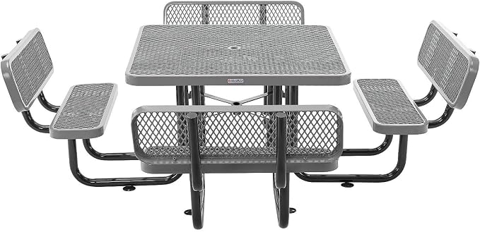 Global Industrial 46" Square Picnic Table with Backrests, Expanded Metal, Gray Thermoplastic Coating, 1-1/2" Umbrella Hole, Outdoor-Rated, 1000 Lbs Capacity