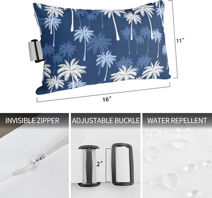 Tropical Palm Tree Outdoor Pillows for Chaise Lounge Chair Waterproof Lumbar Pillows with Insert&Adjustable Elastic Strap Beach Headrest Pillow Navy Blue White Plants Coastal Leaf Pool Pillow 11"x16"