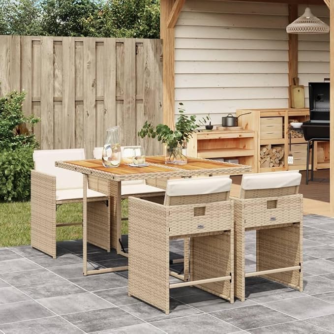 5 Piece Outdoor Dining Set with Cushions Beige Poly Rattan, Patio Table and 4 Folding Chairs for Garden Backyard, UV-Proof PE Rattan Acacia Wood Tabletop, 242.5lb Capacity Seats