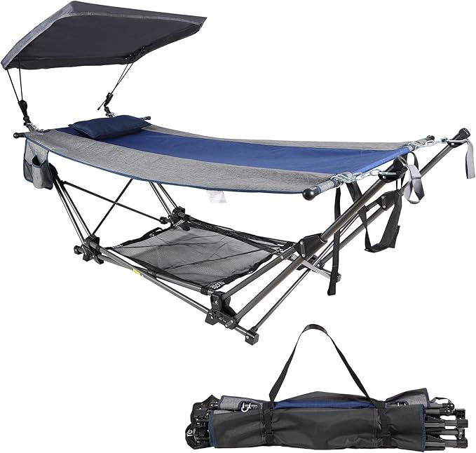 RedSwing Camping Hammock with Stand, Portable Hammock with Removable Canopy, Pillow and Storage Net,Foldable Heavy Duty Steel Frame Space Saving for Indoor Outdoor Backyard Beach Garden
