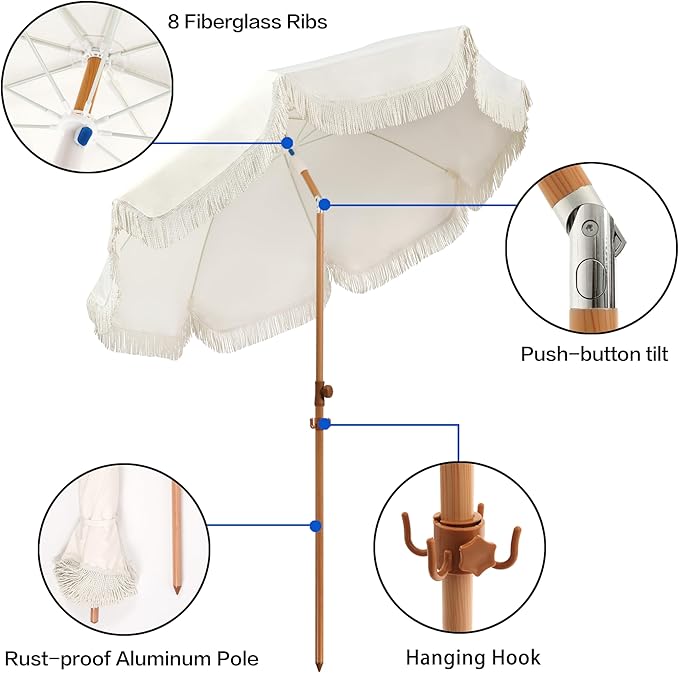 Seazul 6.5ft Patio Umbrella with Fringe, Beach Umbrella, Fringe Umbrella Outdoor Patio with Hanging Hook, Tilting Aluminum Pole, UV 50+, Fiberglass Ribs, Elegant Cream