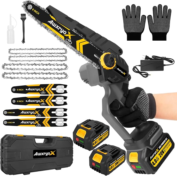 AwxryoX 8" & 6" Mini Chainsaw Brushless, 2026 Upgraded 2x4.0AH Battery Portable Handheld Small Cordless Saw with 4 x Guide Plate, Electric Hand Saw Motosierra for Wood/Tree Cutting Gardening Pruning