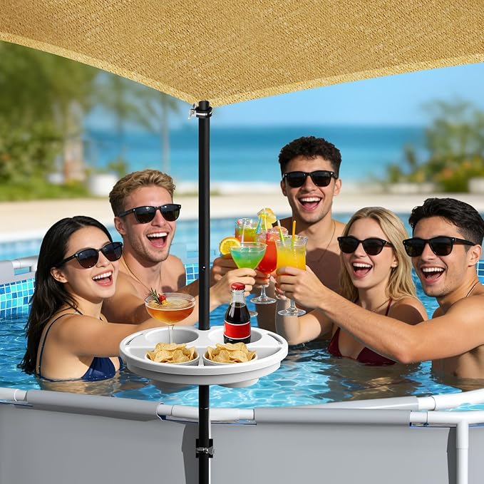 Above Ground Pool Shade Canopy Set - Triangular UV-Resistant Sunshade with Storage Tray & Support Poles, Outdoor Backyard Sun Shade Cloth for 11-16Ft Swimming Pools and Decks (10x10x10 Ft)