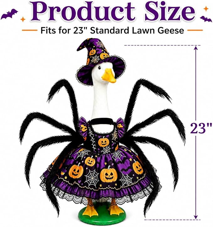 Halloween Porch Goose Outfits for 23'' Lawn Geese Statue, Pumpkin Porch Goose Outfit Costume with Dress Witch Hat Spider Wing, Outdoor Garden Goose Decor for Patio Yard Lawn Halloween Ornament