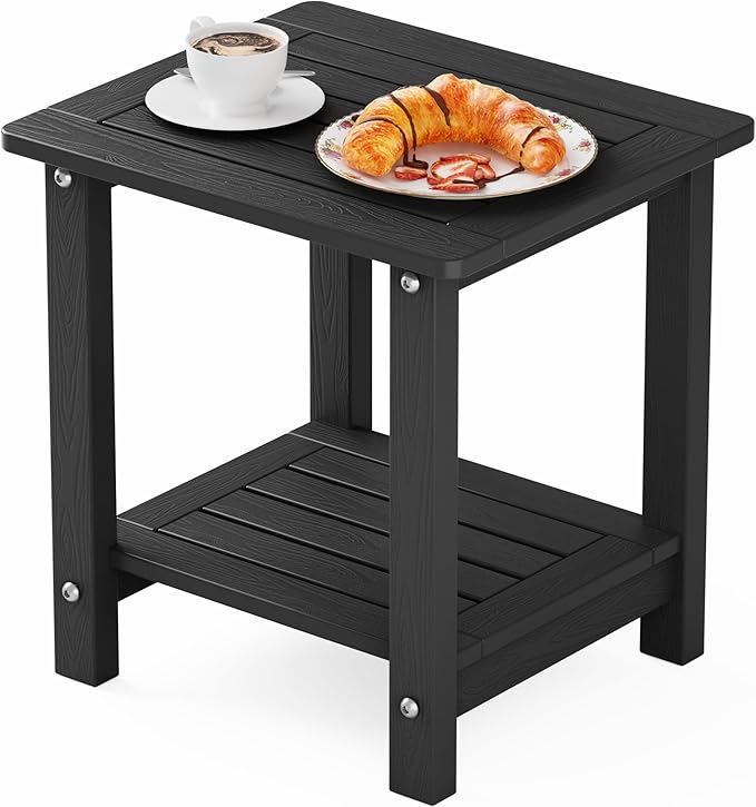 YEFU Outdoor Side Table for Patio: 16" HIPS Weather - Resistant Adirondack Tables - Waterproof Small Square End Tables for Backyard Pool Porch Balcony - Indoor Outdoor Double Layer Table Black