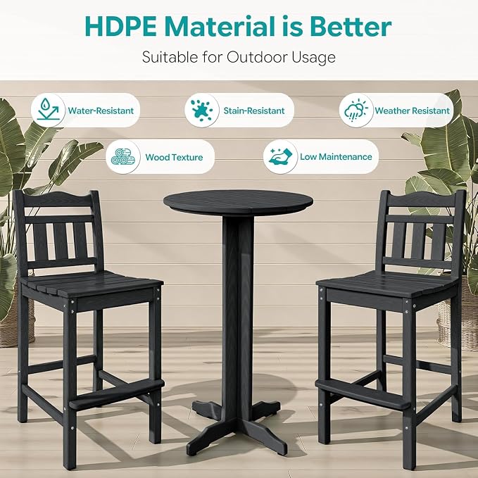 Outdoor Bar Stools Set of 4, HDPE Adirondack Bar Chairs with Backs, All-Weather High Top Patio Chairs, Heavy Duty Armless Bar Height Chair for Balcony, Garden, Deck (Black, 4pcs Set)