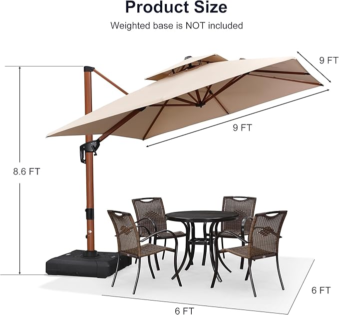 PURPLE LEAF 9ft Patio Umbrella Outdoor Square Umbrellas Large Cantilever Umbrella Windproof Offset Heavy Duty Sun Umbrellas for Garden Deck Pool Patio, Beige