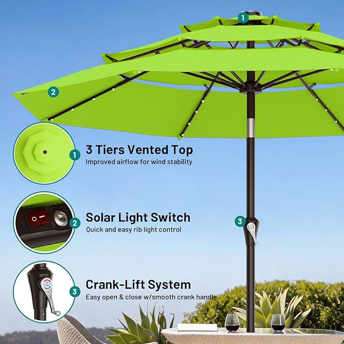 AreShark 9ft 3 Tiers Patio Umbrella with Solar Lights, Outdoor Umbrella w/ 32 LED Lights&8 Sturdy Ribs, Table Umbrella for Deck, Backyard, Pool (Apple Green)