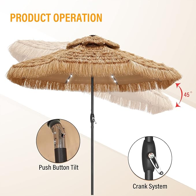 GDY 9 ft 2-Tier Solar Tiki Umbrella, 32 LED Ligths Hula Thatched Tiki Umbrellas, Straw Umbrella, Pool, Patio, Beach